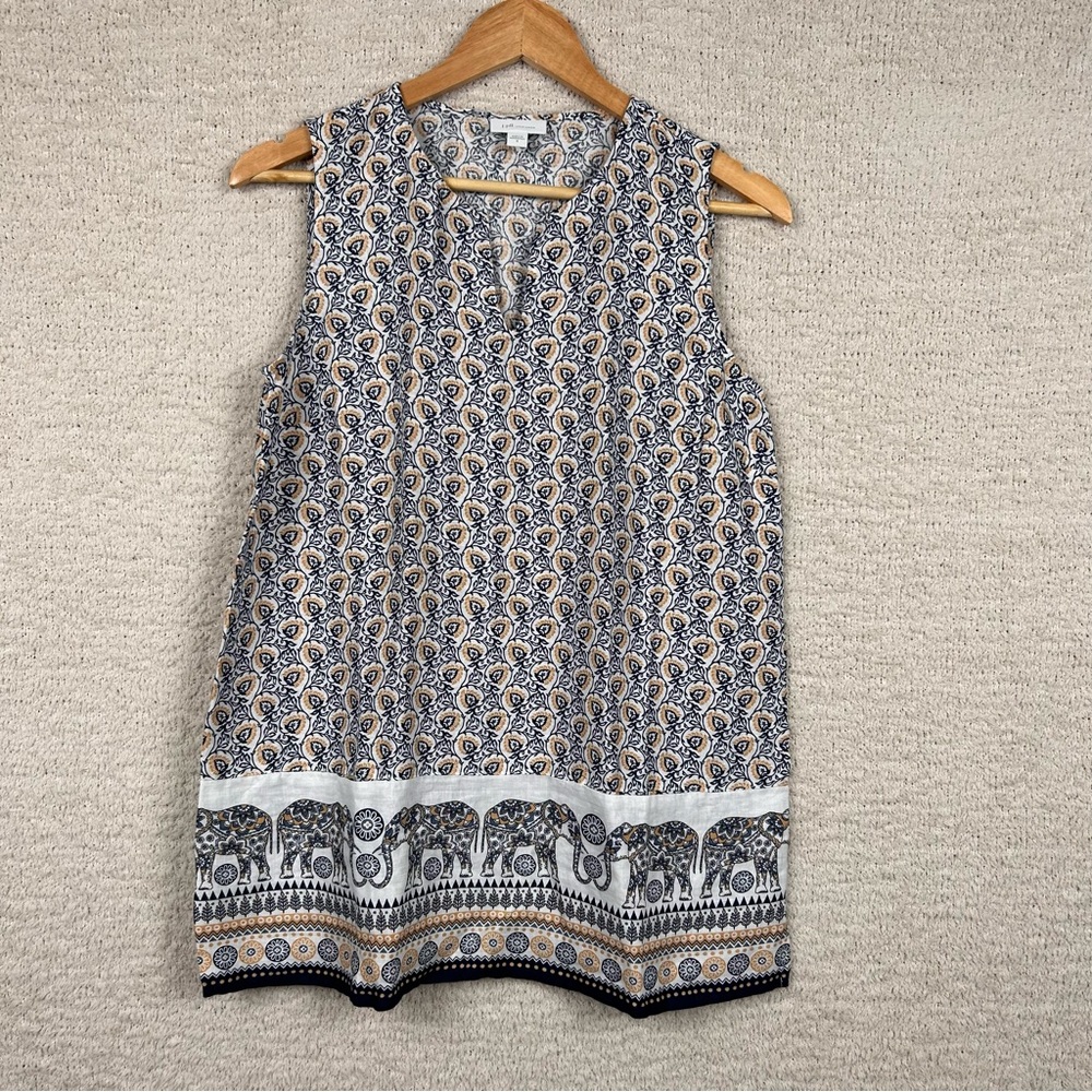 J.‎ Jill Top Womens S Blue Cream Linen Elephant Floral Print Boho Coastal Beach